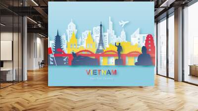 Vietnam with Gold Travel postcard, poster, tour advertising of world famous landmarks in paper cut style. Vectors illustrations Wall mural