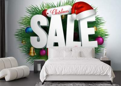 3D Christmas Sale Text for Promotion with a Leaves and Christmas Decorations in White Background. Realistic Vector Illustration
 Wall mural