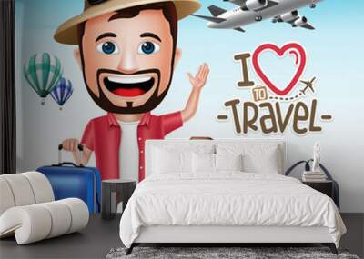 3D Realistic Tourist Man Character Wearing Summer Outfit with Set of Bags and Airplane Wall mural