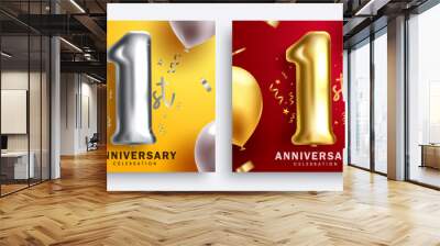 Anniversary 1st vector poster set design. Happy first anniversary  greeting card collection with 1 inflatable balloon elements for background decoration. Vector Illustration. Wall mural