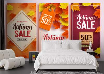 autumn sale vector poster design set with colorful maple leaves element in background and sale disco Wall mural