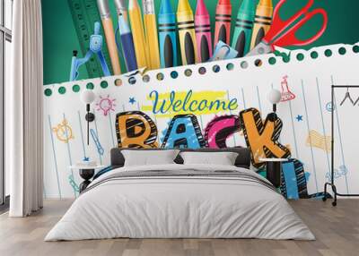 Back to School Colorful Text Drawn in a Piece of Paper with School Items. Vector Illustration
 Wall mural