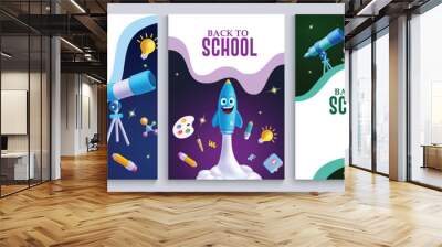 Back to school text vector poster set. Back to school greeting with telescope, rocket and educational elements for education promotion lay out collection. Vector illustration school greeting poster  Wall mural