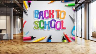 Back to school vector design with colorful paper cut text, education elements and school supplies in white background. Vector illustration.
 Wall mural