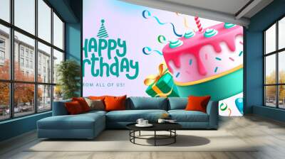 Birthday cake vector background design. Happy birthday greeting text with yummy cake element decoration for kids party occasion. Vector Illustration.
 Wall mural