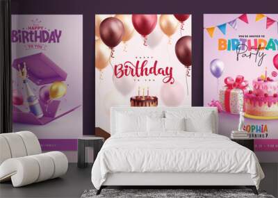 Birthday greeting card vector poster set design. Happy birthday greeting text with wine, gift box, cake and balloons decoration elements for invitation card collection. Vector illustration birthday  Wall mural