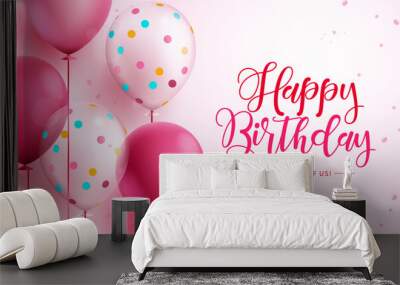 Birthday greeting text vector design. Happy birthday typography in empty space with pink balloon elements  for girl party card invitation background. Vector Illustration. Wall mural