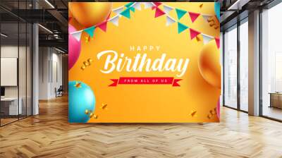 Birthday text vector design. Happy birthday with balloons, confetti and pennants elements for kids party colorful decoration invitation card. Vector Illustration. Wall mural