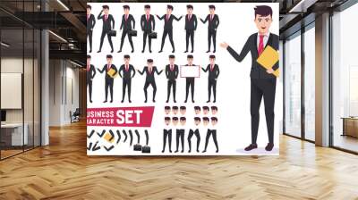 Business characters vector set with professional male office worker wearing corporate black suit and have  pose and gestures for presentation in white background. Vector illustration.
 Wall mural