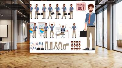 Business man character creation vector set. Male office worker cartoon characters standing and holding briefcase or bag while talking for business presentation. Vector illustration.
 Wall mural