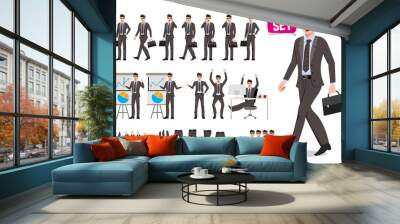 Business man presentation vector character set. Cartoon character creation of male business person talking for presentation with different poses. Vector illustration.
 Wall mural