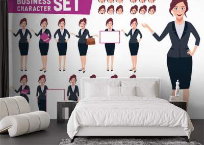 Business woman character vector set with young happy professional female office employee in different gestures and pose in white background. Vector illustration.
 Wall mural