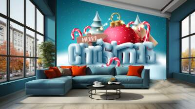 christmas 3d text vector concept design. merry christmas greeting typography with miniature decorati Wall mural