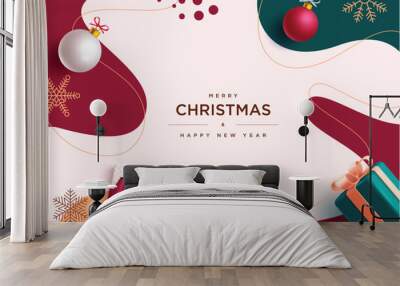 Christmas greeting vector background design. Merry christmas and happy new year text with gift box, xmas balls and snowflakes decoration elements in abstract pattern background. Vector illustration  Wall mural