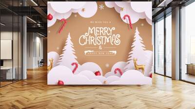 Christmas paper cut greeting card vector design. Merry christmas and happy new year with paper cut clouds, pine tree, fir tree and xmas decoration elements in brown template. Vector illustration  Wall mural