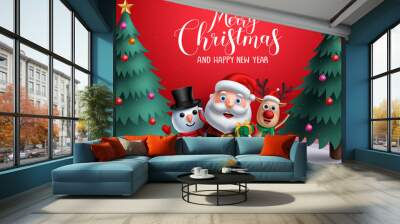 Christmas vector characters like santa claus, reindeer and snowman holding gift with merry christmas greeting and tree in a red background. Vector illustration.
 Wall mural