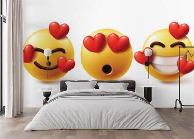 Emoji in love emoticon characters vector set. Emojis emoticons characters with in love, heart, lovely, happy and funny graphic elements collection. Vector illustration emojis in love icon collection.
 Wall mural