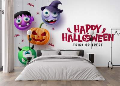 Halloween character vector background design. Happy halloween trick or treat text in white space with hanging scary pumpkin, skull, and witch horror characters. Vector illustration.
 Wall mural