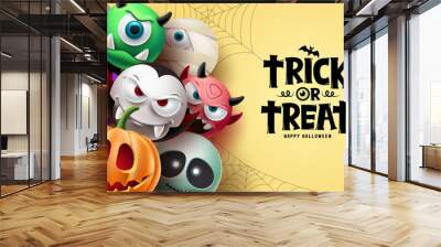 Halloween character vector background design. Happy halloween trick or treat text with scary, spooky and creepy mascot characters in cute facial expression. Vector illustration Wall mural