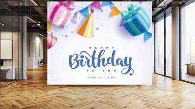 Happy birthday greeting vector background. Birthday greeting text with gift box, pennants and party hat decoration elements for invitation card design. Vector illustration card background. 
 Wall mural