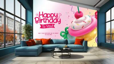 Happy birthday greeting vector design. Birthday greeting text with cup cake, gifts and lollipop balloons inflatable elements decoration for kids party celebration background. Vector illustration  Wall mural