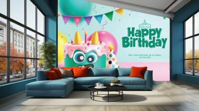 Happy birthday greeting vector design. Birthday greeting text with cute cake character cartoon, balloons and pennants decoration for invitation card background. Vector illustration birthday invitation Wall mural