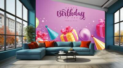 Happy birthday greeting vector design. Birthday greeting text with gift box, party hat, balloons and stars decoration elements for invitation card design. Vector illustration card template. 
 Wall mural