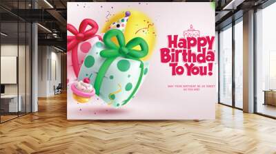 Happy birthday greeting vector design. Birthday inflatable gits balloons  elements with greeting text for party invitation card background. Vector illustration birthday greeting design.
 Wall mural