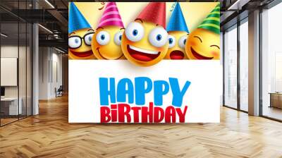 Happy birthday smileys vector background design with yellow funny and happy emoticons and birthday greeting text in empty white background. Vector illustration.
 Wall mural