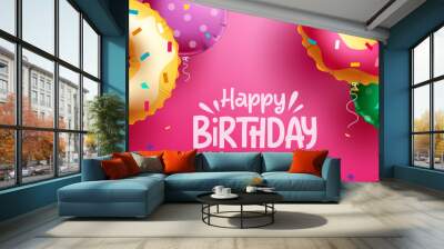 Happy birthday text vector background design. Birthday doughnut balloons floating element decoration for greeting card invitation. Vector Illustration. Wall mural