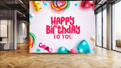 Happy birthday text vector background design. Birthday greeting card with colorful party elements for invitation banner. Vector Illustration.   Wall mural