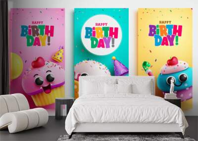 Happy birthday text vector poster design. Birthday greeting collection in empty space with cup cake characters elements. Vector illustration invitation card background. Wall mural