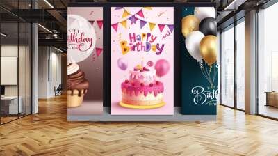 Happy birthday vector poster set design. Birthday invitation and greeting card with ice cream, cake, balloons and streamers elements for wedding party bundle collection. Vector illustration birthday  Wall mural