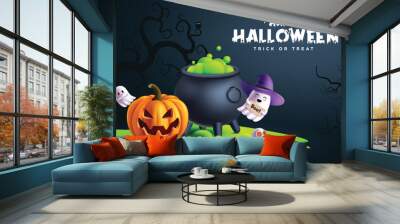 Happy halloween greeting text vector design. Halloween trick or treat greeting with pumpkin, ghost characters and witch cauldron elements in silhouette dark night background. Vector illustration  Wall mural