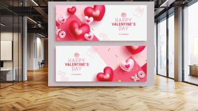 Happy valentine's day text vector banner set. Valentine's day greeting card with heart balloons elements in elegant background collection. Vector illustration valentines hearts day cards collection.
 Wall mural