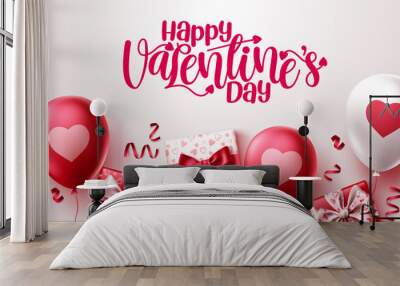 Happy valentines day vector background. Valentines day greeting text with heart balloons, gifts and confetti elements in white background. Vector illustration. Wall mural