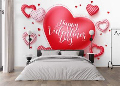 Happy valentines day vector heart banner. Valentines greeting typography in red heart shape for text with different hearts elements pattern in white background. Vector Illustration  Wall mural