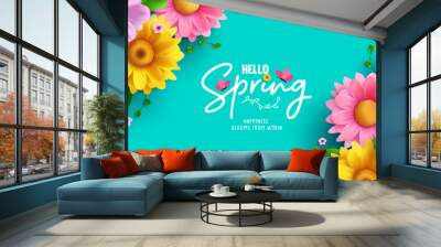 Hello spring text vector background design. Spring greeting typography with fresh bloom flowers and butterfly elements in empty space for holiday season celebration. Vector Illustration.  Wall mural