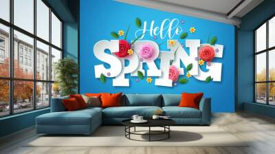 Hello spring vector greetings design. Spring text with colorful flower elements like camellia, daffodils, crocus and green leaves in blue background for spring season. Vector illustration. Wall mural