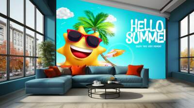 Hello summer vector design. Summer text with sun character smiling in beach sand island. Vector illustration tropical season background.  Wall mural