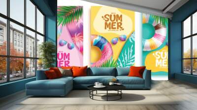 Hello summer vector poster set design. Summer hello greeting text with colorful floaters, surfboard and sunglasses beach elements for tropical season background. Vector illustration summer hello  Wall mural