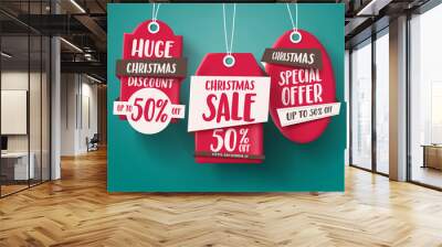 Huge Christmas sale vector set of red sale tags hanging with 50% off text and with origami paper style for holiday discount promotion. Vector illustration.
 Wall mural