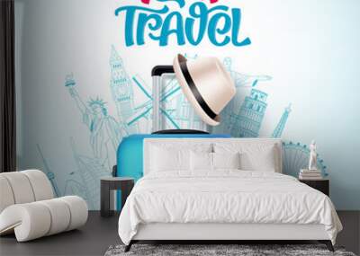 I love travel vector banner design. I love travel text and world famous landmarks and destination with travelling luggage bag for vacation. Vector illustration
 Wall mural