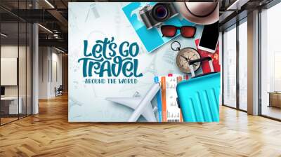 Let's go travel vector background design. Let's go travel around the world text in white empty space with travel vacation and tour elements like passport, tourism map, compass and hat in white pattern Wall mural