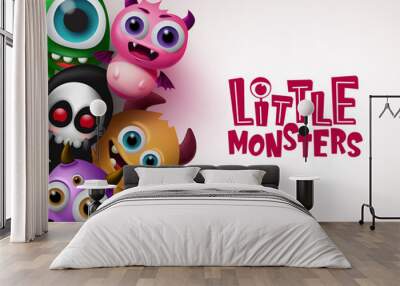 Little monster with 3d realistic character vector background template. Little monsters text with empty space for message in white background. Vector illustration. Wall mural