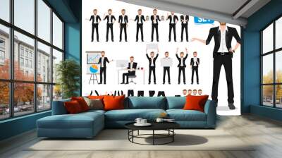 Male business vector character set. Business man cartoon character creation talking with different standing pose and hand gestures while holding white board for presentation. Vector illustration.
 Wall mural