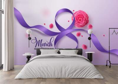 March 8 vector background design. Women's day greeting text with march 8 in purple ribbon and camellia flower elements for international women's celebration. Vector illustration.
 Wall mural