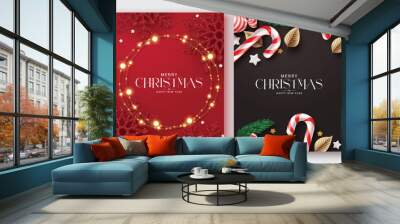 Merry christmas greeting text vector poster set. Christmas greeting card and gift tags collection for holiday season lay out collection. Vector illustration seasonal gift tags lay out invitation cards Wall mural