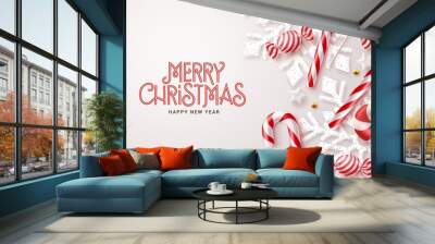 Merry christmas text vector background design. Christmas snowflakes and candy cane xmas elements decoration in white elegant background. Vector Illustration. Wall mural