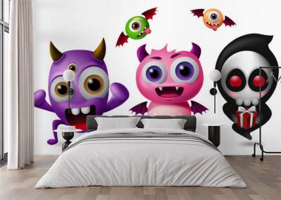 Monster vector characters set. Cute little monsters in funny and scary expression isolated in white background. 3D realistic vector illustration.  Wall mural